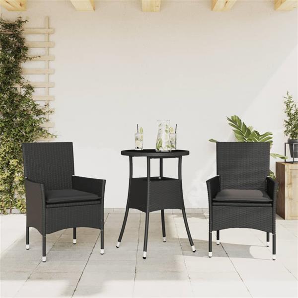 Grote foto vidaxl 3 delige tuinset met kussens poly rattan en glas zwart tuin en terras tuinmeubelen