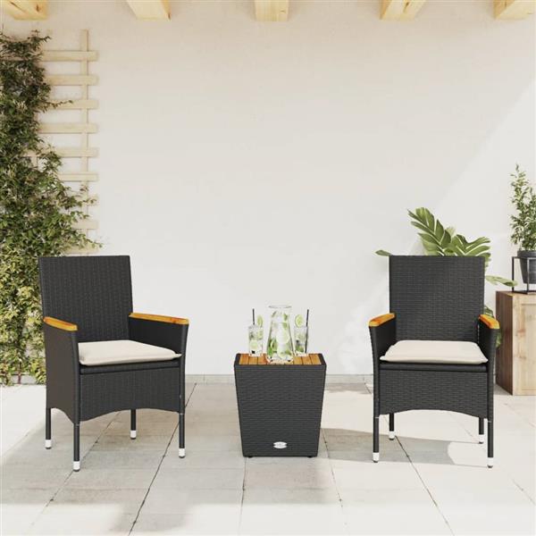 Grote foto vidaxl 3 delige bistroset met kussens poly rattan en glas zwart tuin en terras tuinmeubelen