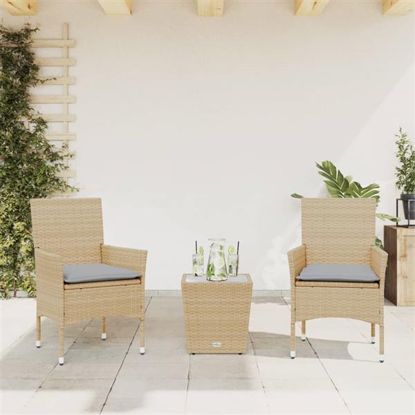 Grote foto vidaxl 3 delige bistroset met kussens poly rattan en glas beige tuin en terras tuinmeubelen