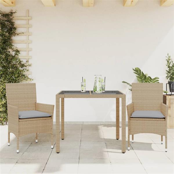 Grote foto vidaxl 3 delige tuinset met kussens poly rattan en glas beige tuin en terras tuinmeubelen