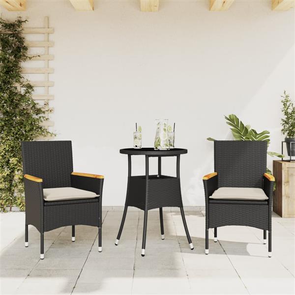 Grote foto vidaxl 3 delige tuinset met kussens poly rattan en glas zwart tuin en terras tuinmeubelen