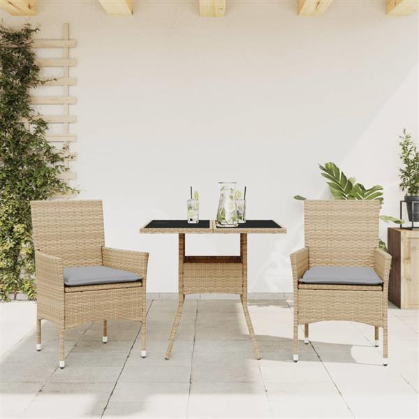 Grote foto vidaxl 3 delige tuinset met kussens poly rattan en glas beige tuin en terras tuinmeubelen