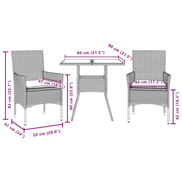 Grote foto vidaxl 3 delige tuinset met kussens poly rattan en glas zwart tuin en terras tuinmeubelen