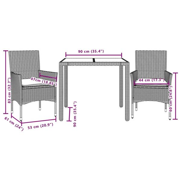 Grote foto vidaxl 3 delige tuinset met kussens poly rattan en glas zwart tuin en terras tuinmeubelen