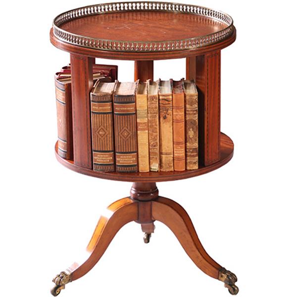 Grote foto ronde mahonie boekenmolen wijntafel met bronzen reling ca 1915 ingelegde biezen no.950140 antiek en kunst stoelen en banken
