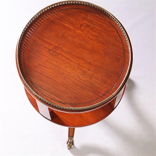 Grote foto ronde mahonie boekenmolen wijntafel met bronzen reling ca 1915 ingelegde biezen no.950140 antiek en kunst stoelen en banken