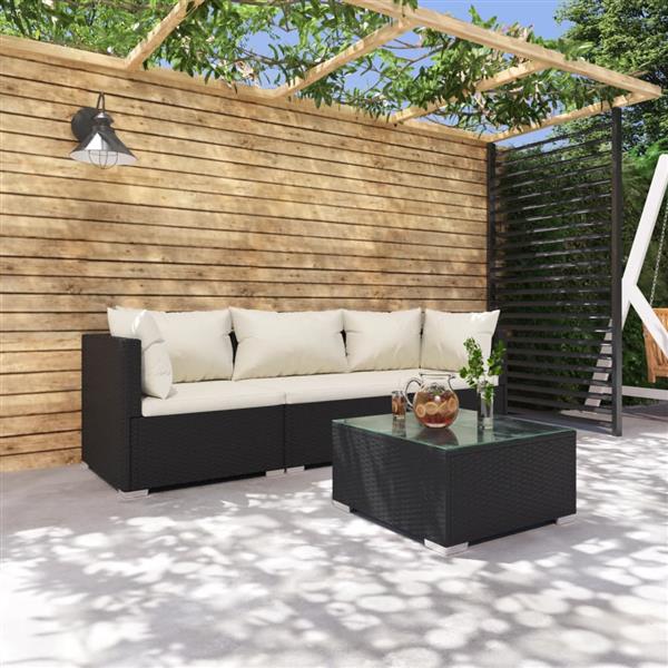 Grote foto vidaxl 4 delige loungeset met kussens poly rattan zwart tuin en terras tuinmeubelen