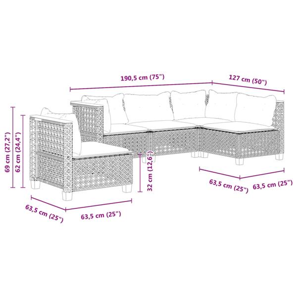 Grote foto vidaxl 5 delige loungeset met kussens poly rattan zwart tuin en terras tuinmeubelen