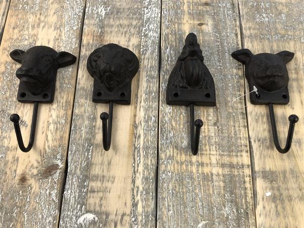 Grote foto set van 4 kapstokhaken boerderij dieren gietijzer antiek bruin tuin en terras tuindecoratie