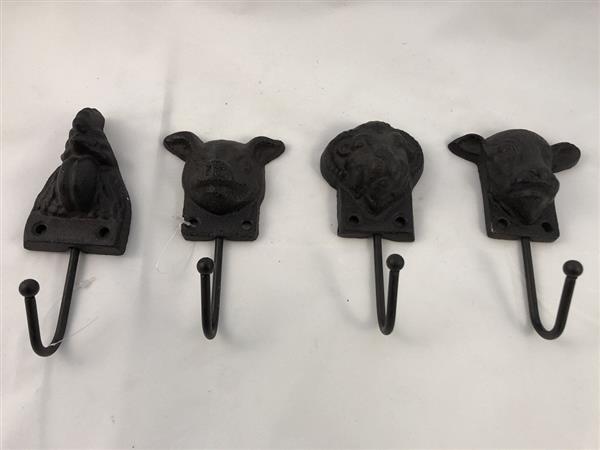 Grote foto set van 4 kapstokhaken boerderij dieren gietijzer antiek bruin tuin en terras tuindecoratie