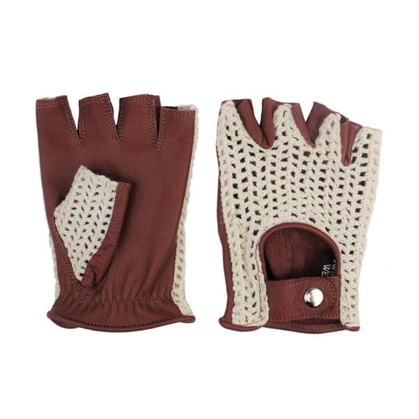 Grote foto swift vintage vingerloze crochet leren handschoenen nappa bruin motoren kleding