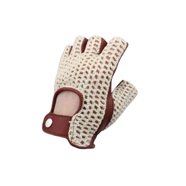Grote foto swift vintage vingerloze crochet leren handschoenen nappa bruin motoren kleding