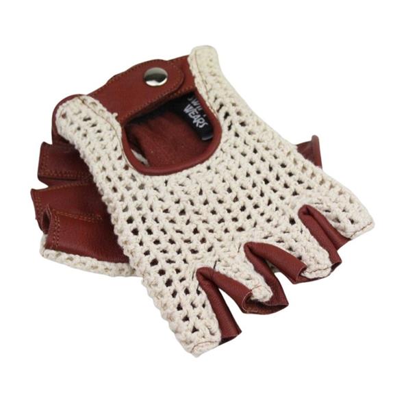 Grote foto swift vintage vingerloze crochet leren handschoenen nappa bruin motoren kleding