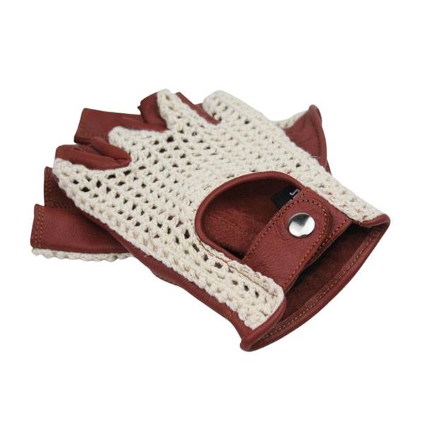 Grote foto swift vintage vingerloze crochet leren handschoenen nappa bruin motoren kleding