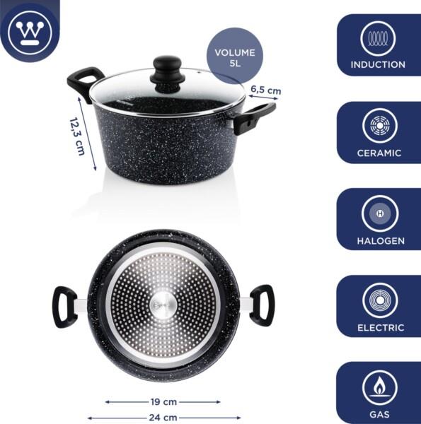 Grote foto westinghouse kookpan braadpan inductie 24 cm zwart marmer met deksel verpakking beschadigd huis en inrichting kookgerei