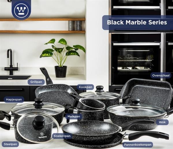 Grote foto westinghouse kookpan braadpan inductie 24 cm zwart marmer met deksel verpakking beschadigd huis en inrichting kookgerei