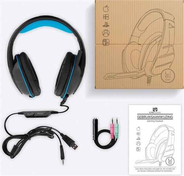 Grote foto lifegoods gaming headset met microfoon blauw zwart verpakking beschadigd en lelijk audio tv en foto koptelefoons