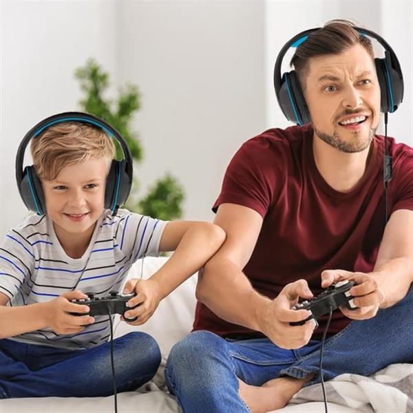 Grote foto lifegoods gaming headset met microfoon blauw zwart verpakking beschadigd en lelijk audio tv en foto koptelefoons