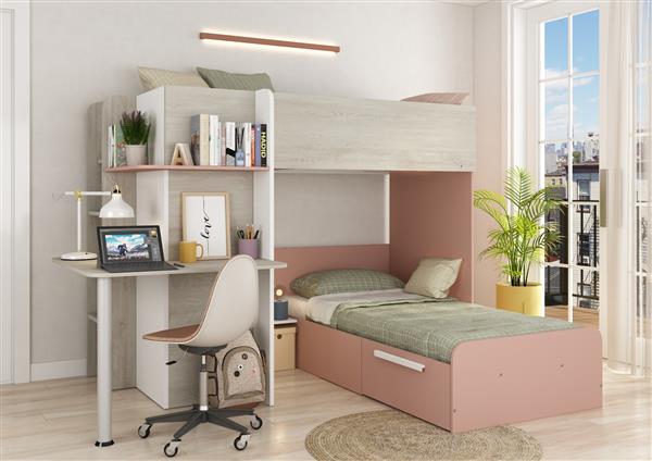 Grote foto palatino hoekstapelbed met bureau kast en lade 90x190 witgrenen oudroze trasman huis en inrichting bedden