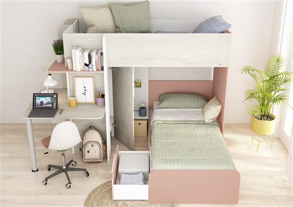Grote foto palatino hoekstapelbed met bureau kast en lade 90x190 witgrenen oudroze trasman huis en inrichting bedden