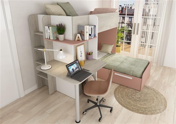 Grote foto palatino hoekstapelbed met bureau kast en lade 90x190 witgrenen oudroze trasman huis en inrichting bedden