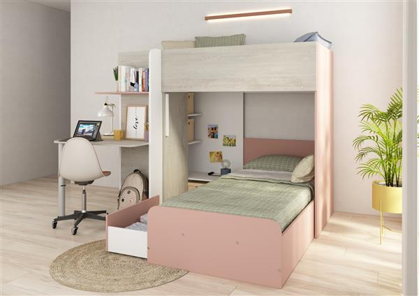 Grote foto palatino hoekstapelbed met bureau kast en lade 90x190 witgrenen oudroze trasman huis en inrichting bedden