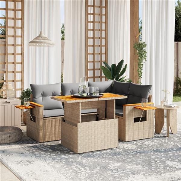 Grote foto vidaxl 5 delige loungeset met kussens poly rattan beige tuin en terras tuinmeubelen