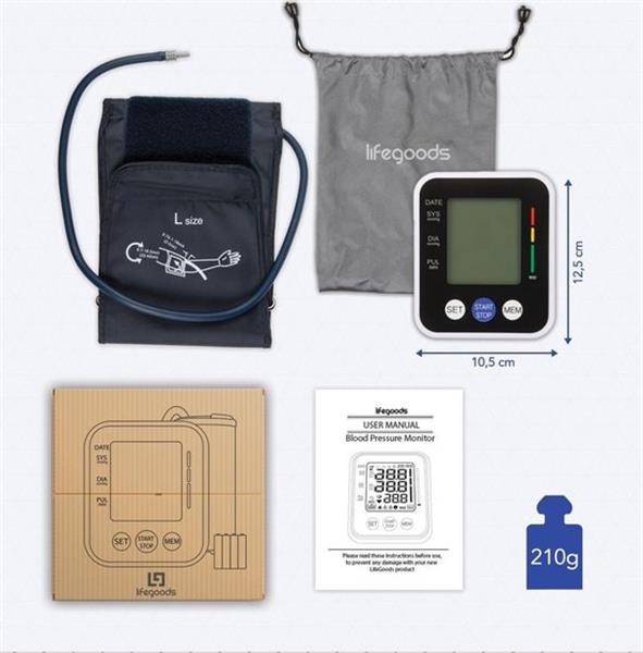 Grote foto lifegoods bloeddrukmeter bovenarm met automatisch oppompen verpakking beschadigd witgoed en apparatuur persoonlijke verzorgingsapparatuur