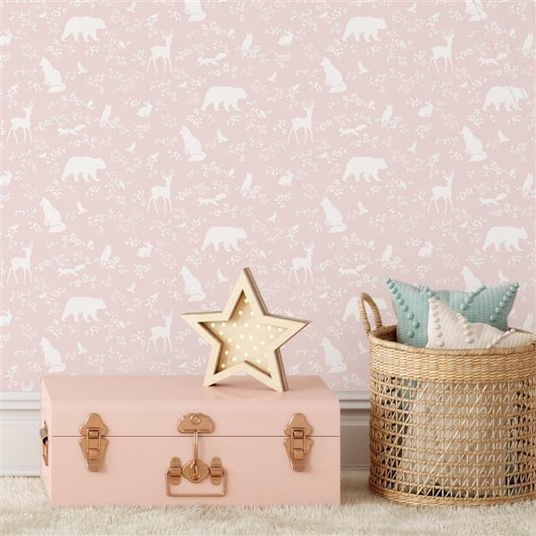 Grote foto behang forest animals pink 10 m rol forest animals pink kinderen en baby complete kinderkamers