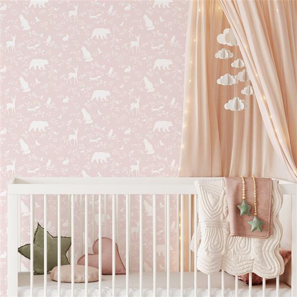 Grote foto behang forest animals pink 10 m rol forest animals pink kinderen en baby complete kinderkamers