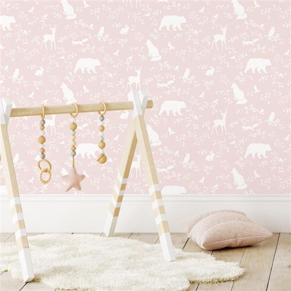 Grote foto behang forest animals pink 10 m rol forest animals pink kinderen en baby complete kinderkamers