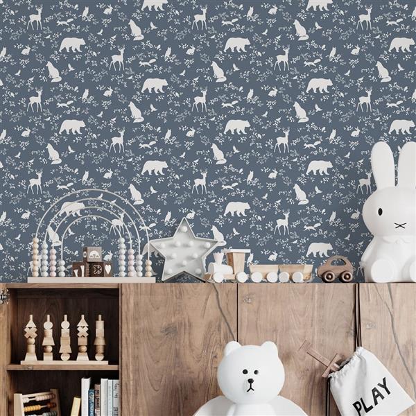 Grote foto behang forest animals blue 10 m rol forest animals blue kinderen en baby complete kinderkamers