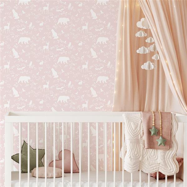 Grote foto behang forest animals pink 10 m rol forest animals pink kinderen en baby complete kinderkamers