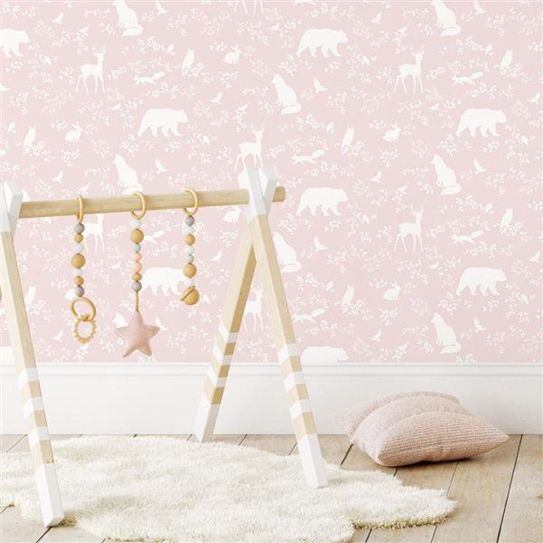 Grote foto behang forest animals pink 10 m rol forest animals pink kinderen en baby complete kinderkamers