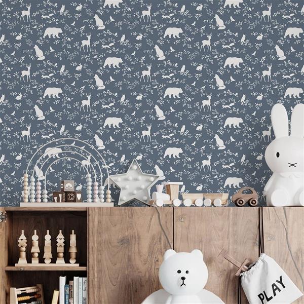 Grote foto behang forest animals blue 10 m rol forest animals blue kinderen en baby complete kinderkamers