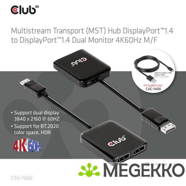 Grote foto club3d csv 7200 video splitter displayport 2x displayport computers en software overige computers en software