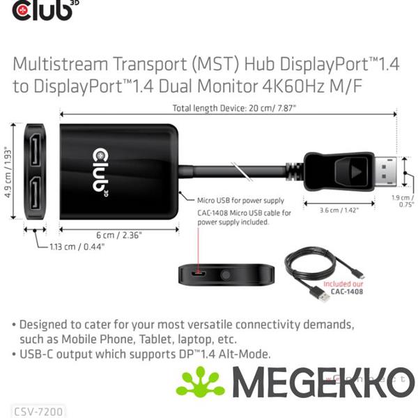 Grote foto club3d csv 7200 video splitter displayport 2x displayport computers en software overige computers en software