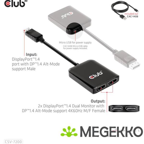 Grote foto club3d csv 7200 video splitter displayport 2x displayport computers en software overige computers en software
