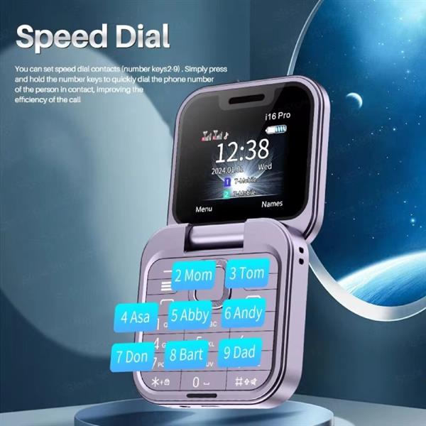 Grote foto i16 pro mini vouwbare telefoon 1.77 inch hd scherm dual sim 1000mah batterij blauw telecommunicatie mobieltjes