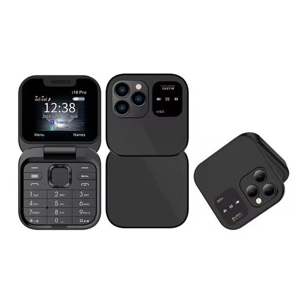 Grote foto i16 pro mini vouwbare telefoon 1.77 inch hd scherm dual sim 1000mah batterij zwart telecommunicatie mobieltjes