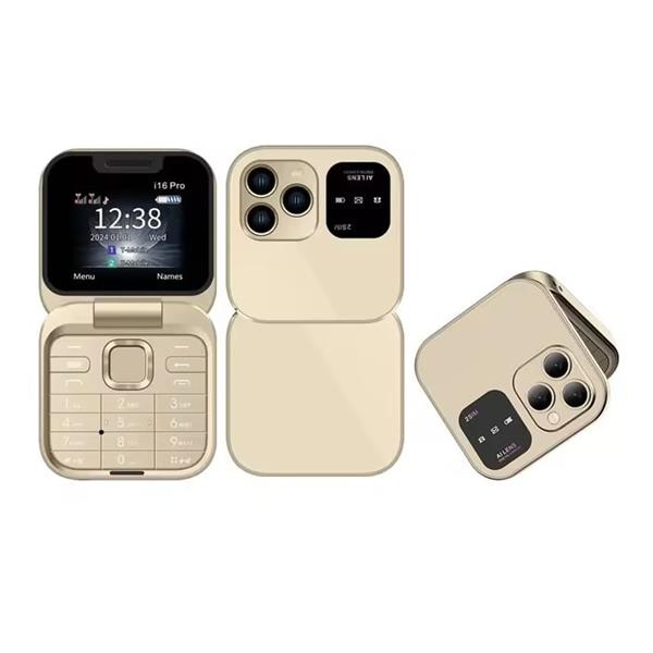 Grote foto i16 pro mini vouwbare telefoon 1.77 inch hd scherm dual sim 1000mah batterij goud telecommunicatie mobieltjes
