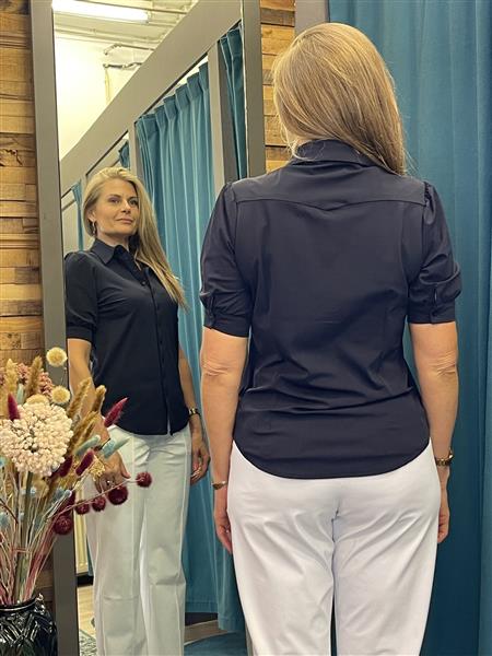 Grote foto travelstof blouse korte mouwen 2270 dark blue kleding dames blouses
