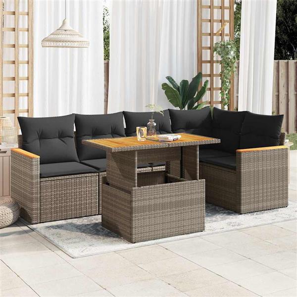 Grote foto vidaxl 6 delige loungeset met kussens poly rattan acacia grijs tuin en terras tuinmeubelen