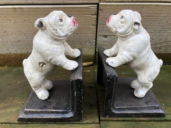Grote foto boekensteunenset gietijzer met bull terri r honden gelakt. tuin en terras tuindecoratie
