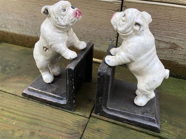 Grote foto boekensteunenset gietijzer met bull terri r honden gelakt. tuin en terras tuindecoratie