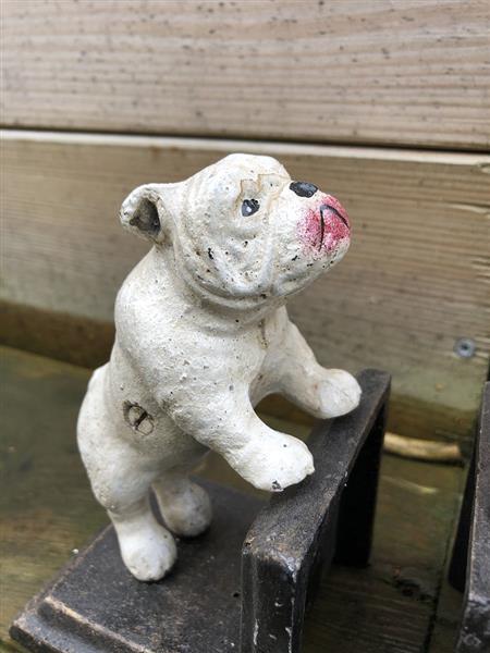 Grote foto boekensteunenset gietijzer met bull terri r honden gelakt. tuin en terras tuindecoratie