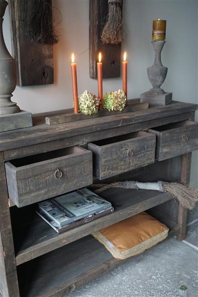 Grote foto sidetable oud hout 3 lades h91 5 x b121 x d40 cm huis en inrichting woningdecoratie