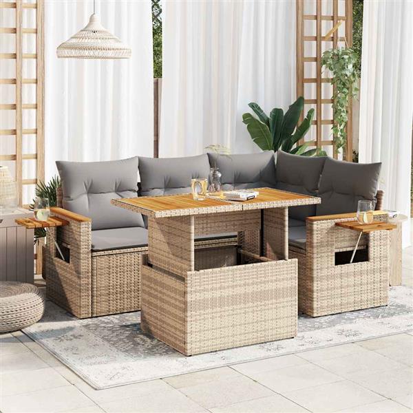 Grote foto vidaxl 5 delige loungeset met kussens poly rattan en acaciahout beige tuin en terras tuinmeubelen