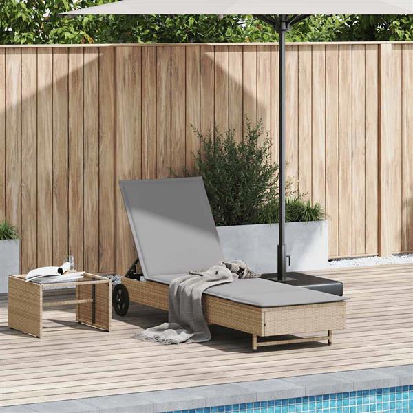 Grote foto vidaxl ligbed met wielen en kussen poly rattan beige tuin en terras tuinmeubelen