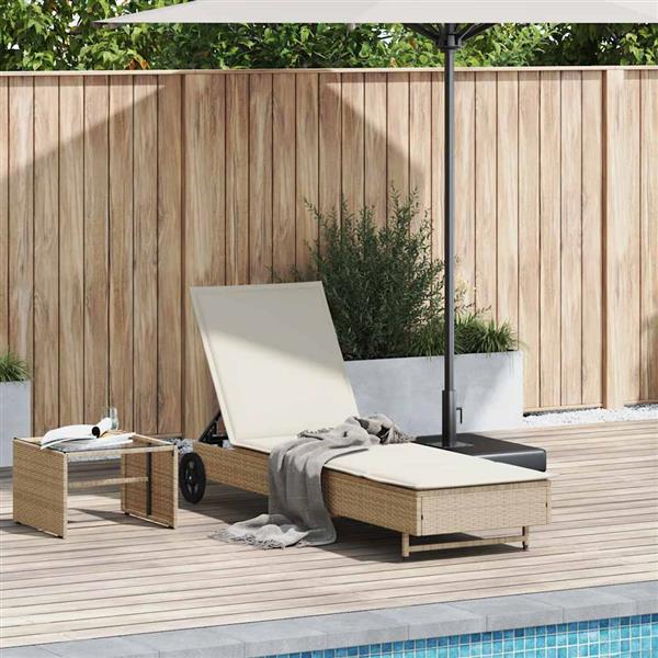 Grote foto vidaxl ligbed met wielen en kussen poly rattan beige tuin en terras tuinmeubelen
